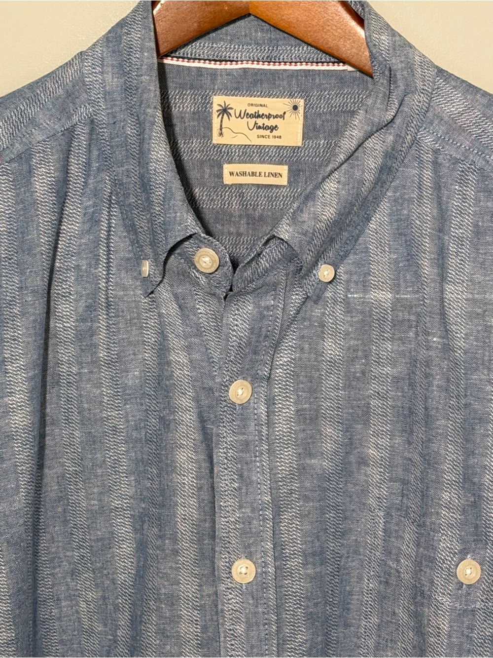 Weatherproof Vintage Washed Blue Striped Linen Button-Down